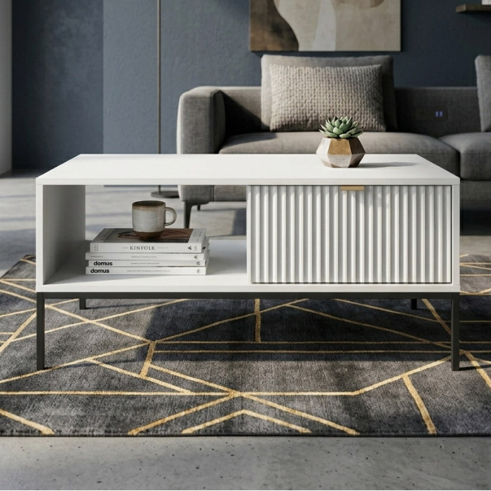 Стіл журнальний Perfect Home Нова / Nova з 2 шухлядами та чорними ніжками L104 Білий (PFH-091248)