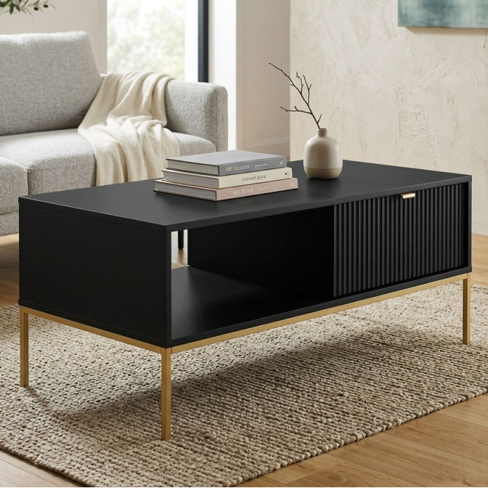 Стіл журнальний Perfect Home Нова / Nova з 2 шухлядами та золотими ніжками L104 Чорний (PFH-091263)