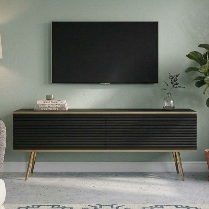 Тумба під телевізор Perfect Home Оро / Oro 2-дверна з золотими ніжками RTV135 MDF Чорний (PFH-091332)