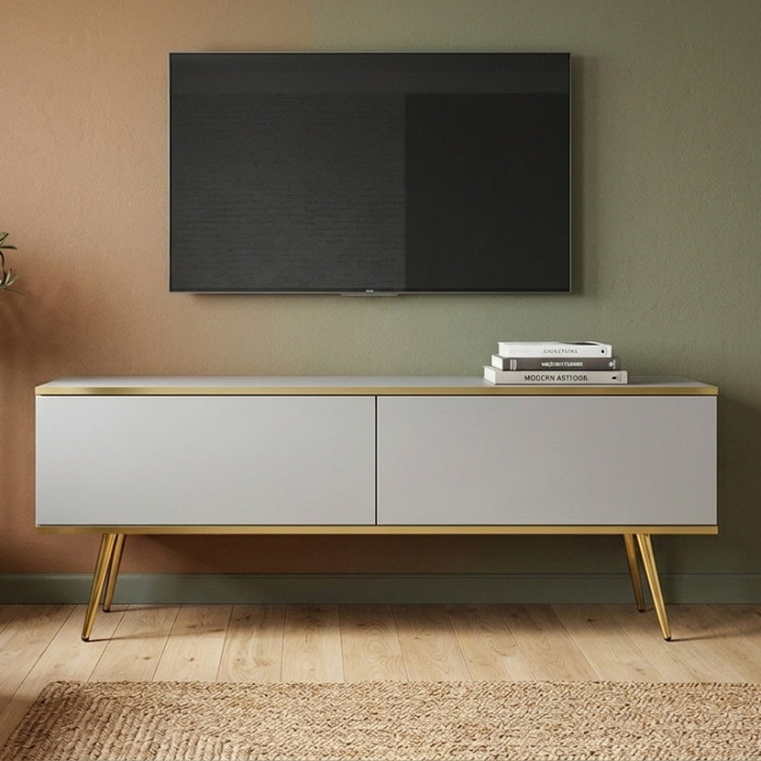 Тумба під телевізор Perfect Home Оро / Oro 2-дверна з золотими ніжками RTV135 Сірий (PFH-091315)