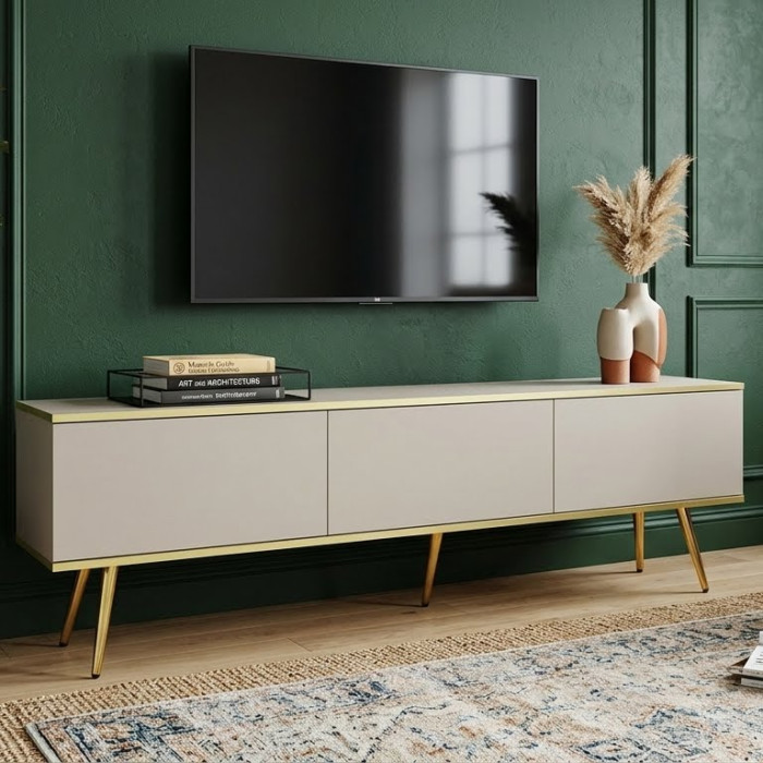 Тумба під телевізор Perfect Home Оро / Oro 3-дверна з золотими ніжками RTV175 Бежевий (PFH-091318)