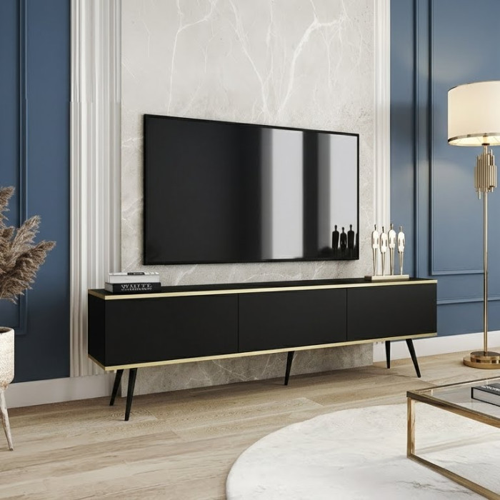 Тумба під телевізор Perfect Home Оро / Oro 3-дверна з чорними ніжками RTV175 Чорний (PFH-091339)