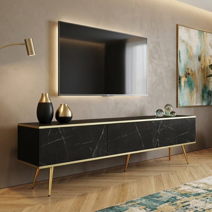 Тумба під телевізор Perfect Home Оро / Oro 3-дверна з золотими ніжками RTV175 Чорний мармур роял (PFH-091322)