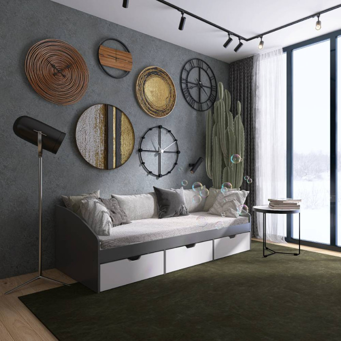 Ліжко односпальне з ящиками Еверест Комфорт 3 193х84х59  см Графіт/Німфея Альба (білий) (EVR-071216)