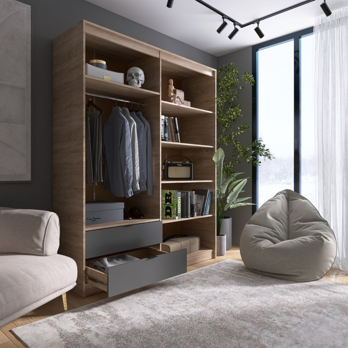 Шафа розпашна для одягу з висувними шухлядами (штанга - полиці) Еверест Сіті-1600 160,2х50х204,6 см Дуб сонома/Графіт (EVR-071123)