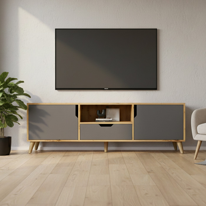 Тумба под телевизор с ножками в цвете Орех светлый М-ЗОН Борн 1600 Дуб артизан/Антрацит (MZN-031078)