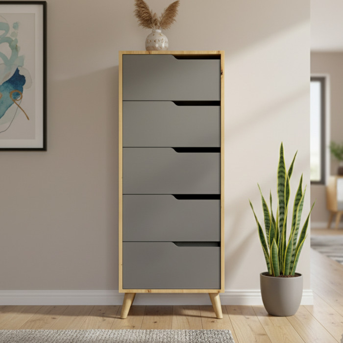 Комод высокий с ножками в цвете Орех светлый 5 ящиков М-ЗОН Борн 500 Дуб Артизан/Антрацит (MZN-031102)