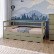 Кровать детская Mebigrand Чикаго Литл-2 Оливковый (RAL1020) 80х190 см с задним бортиком и ящиками (MBG-16324)