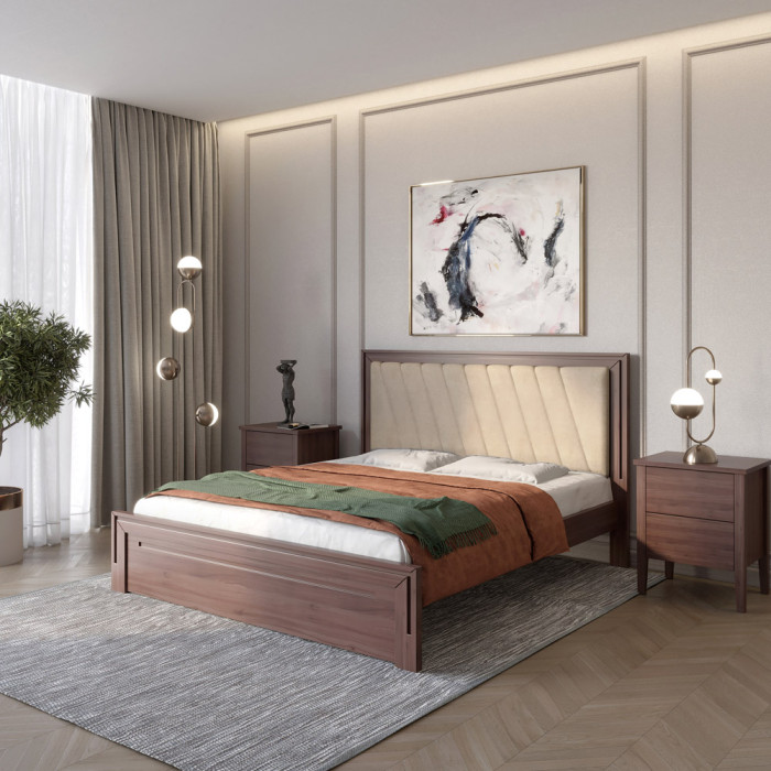 Двуспальная деревянная кровать Mebigrand Торонто Люкс Т6 (подъемный механизм) Орех темный/Аляска 23 (бежевый) 180х200 см (MBG-19802)