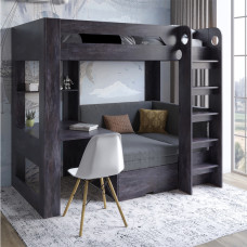 Детская двухъярусная кровать LION Флай 90х190 см со встроенным столом Бетон темный/Donna Likght 18 (серый) (LION-041635)