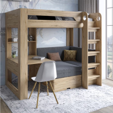 Детская двухъярусная кровать LION Флай 90х190 см со встроенным столом Дуб Аппалачи/Donna Likght 18 (серый) (LION-041637)
